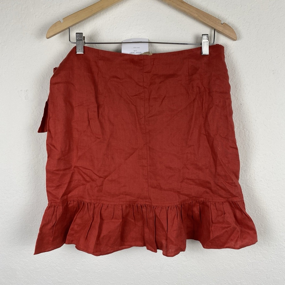 Lanhtropy Size L Wrap Skirt 100% Linen Ruffle Coastal Short Vacation Orange - Picture 4 of 5